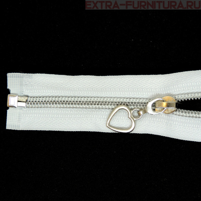 Молния спираль декор Т5 70см цв.белый/серебро (сердце)